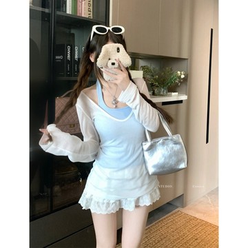 【PRPN】兩件套 辣妹套裝 罩衫 挂脖背心 顯瘦穿搭 夏天衣服 短版上衣 修身