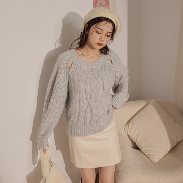 圓領麻花紋針織上衣-灰【KT223452】-3色
