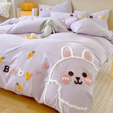 超柔A類水洗棉四件套裸睡刺繡全棉被套純棉床笠可愛卡通床上用品