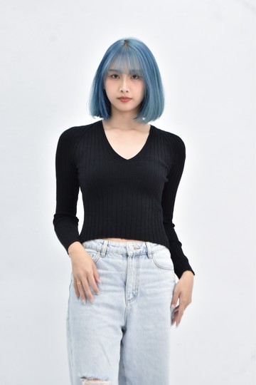 (S) zara 針織V領黑色長袖上衣