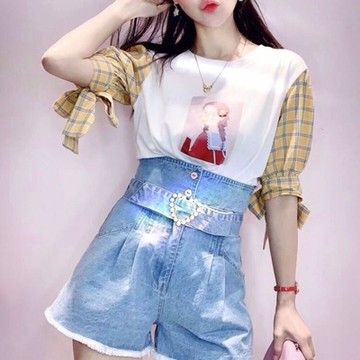 BBHONEY 韓風設計款繫帶格子拼接泡泡袖減齡T百搭上衣