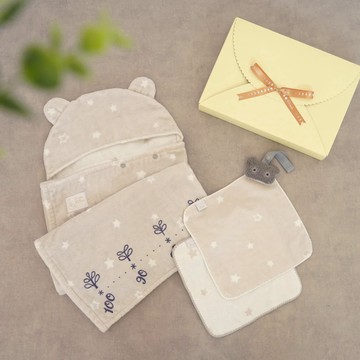 10mois 銀河星彩熊耳朵連帽浴巾手帕禮盒組