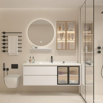 附發票 【破損補發】白色ins輕奢實木浴室櫃組閤   智能簡約現代洗漱臺  一體陶瓷衛生間洗臉盆