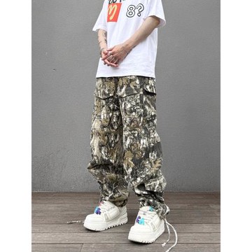 KISSNATE【明星同款】美式樹葉森林迷彩寬松直筒褲闊腿工裝褲子男