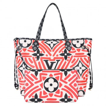 Louis Vuitton Neverfull MM 帆布印花塗鴉幾何附手拿肩背托特包(紅X米白)