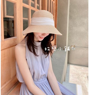 「拉兒小舖」台灣現貨-日單款 韓版 草帽 日系風 大沿帽 遮臉帽 緞帶 小頭圍 可折疊 防曬帽 遮陽帽