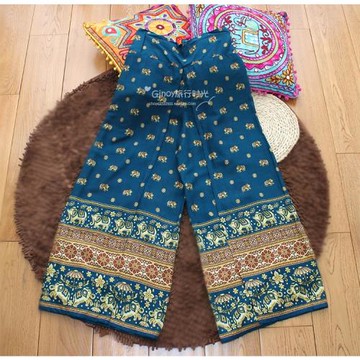 泰國波西米亞民族風寬松闊腿褲女夏東南亞旅游印花大象直筒褲裙褲