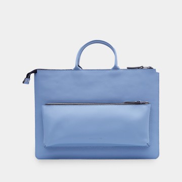 淺藍色經典皮革筆電套附提把 – 真皮筆電包