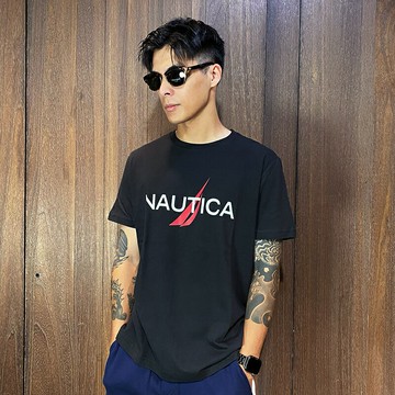 美國百分百【全新真品】NAUTICA 短袖 棉質 T恤 帆船牌 上衣 LOGO 短T 紅字 黑色 AW50