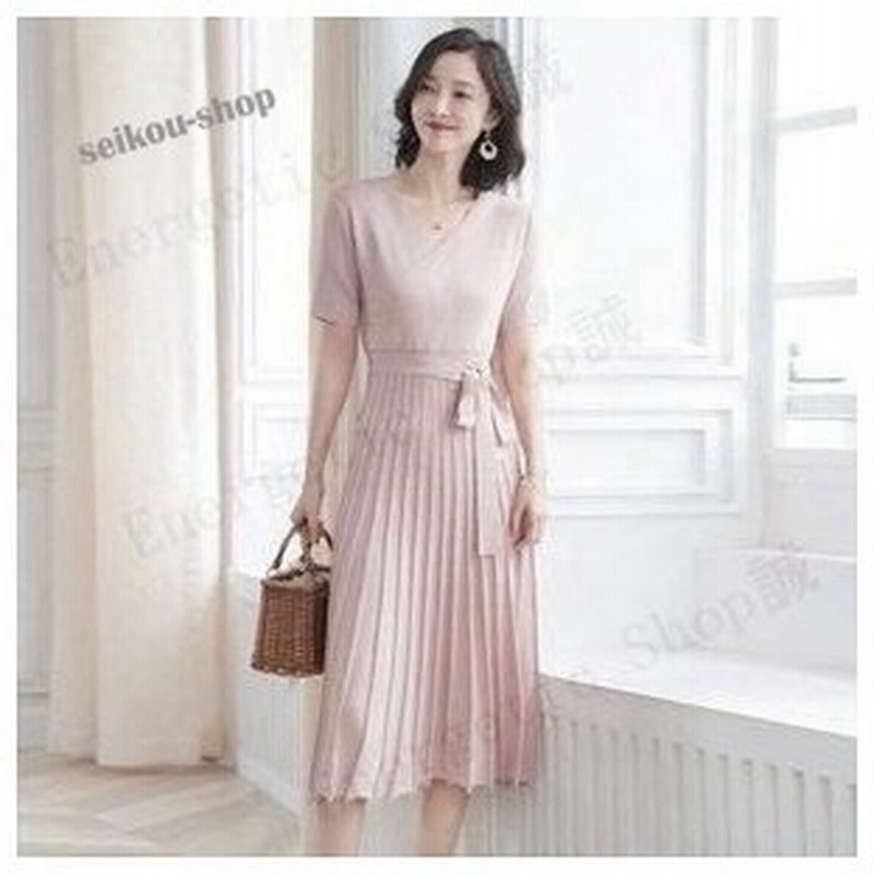 ワンピース レディース サマーニット ニットワンピース 薄手 プリーツ ｖネック 切り替え ミモレ丈 Aライン 半袖リボン ミモレ丈 エレガンス 通販 Lineポイント最大0 5 Get Lineショッピング