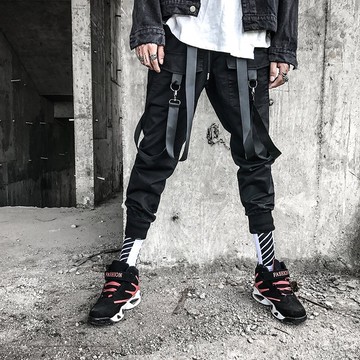 FINDSENSE H1 2018 夏季 新款獨家 個性 黯黑 織帶 寬鬆 工裝褲 小腳 潮 男褲子