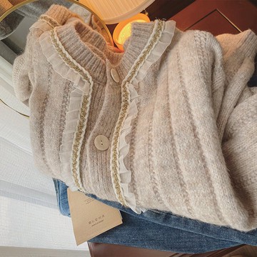 歐洲站歐貨高端羊絨衫重工高級感浣熊絨燕麥色女士毛衣開衫女秋冬