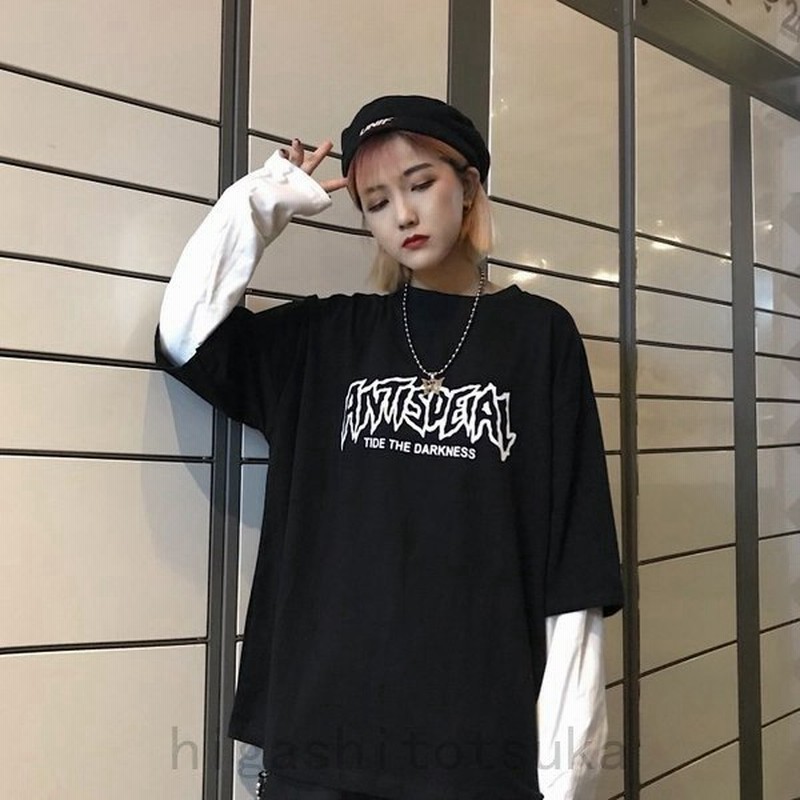 レディース重ね着風トップスプリントtシャツロックt春トップス 通販 Lineポイント最大0 5 Get Lineショッピング