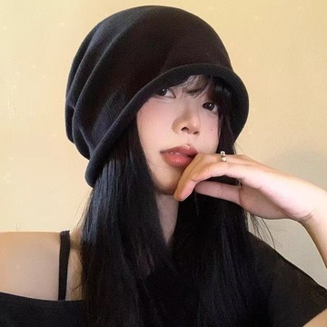 台灣出貨 秋冬堆堆帽子顯臉針織秋冬季保暖大頭黑色卷邊毛線帽月子包頭冷帽