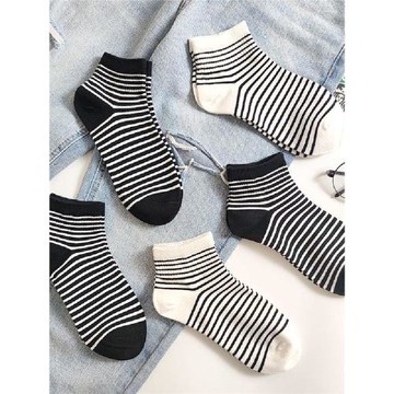 襪子女短襪棉淺口日系船襪黑色條紋ins個性短筒秋季低幫棉襪潮