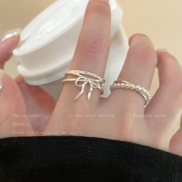 ins風蝴蝶結珍珠戒指女款輕奢小眾設計食指戒高級感雙層疊戴指環