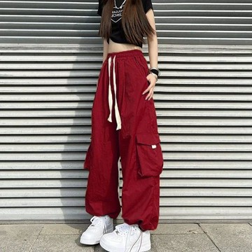 HK美式復古酒紅色直筒抽繩工裝褲女高腰顯瘦多口袋寬松運動休閑褲潮