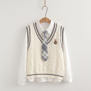 學院風徽章針織背心+襯衫+領帶三件套裝【55-24-858158-25】ibella 艾貝拉
