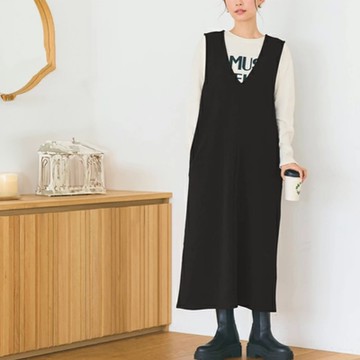 初色 日系寬鬆純色V領無袖鉛筆裙中長裙連衣裙連身洋裝-黑色-38312(M-L可選)