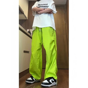 1號倉庫精品男長褲 夏季冰絲短褲 牛油果綠色多巴胺褲子高級感夏季薄款速干美式傘兵褲男垂感闊腿褲