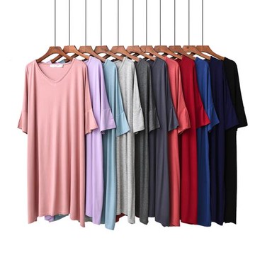 夏季睡裙女 休閑莫代爾中袖短袖大碼寬松薄款中長家居裙睡衣