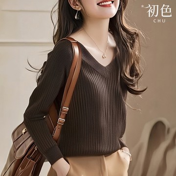 初色 純色簡約V領針織毛衣長袖修身顯瘦內搭打底上衣女上衣-共3色-39526(F可選)