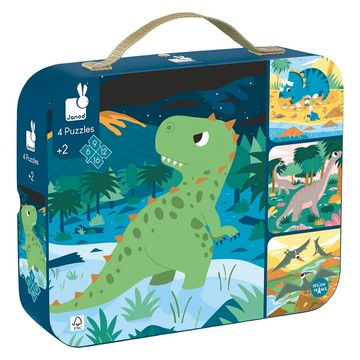 Janod厚片拼圖 - 恐龍世界(4合1) 4隻可愛小恐龍 精美硬質手提式盒  1盒  6、9、12、16片