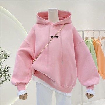 潮牌2026年新款歐貨秋冬薄款寬松連帽衛衣女粉色外套加絨加厚上衣