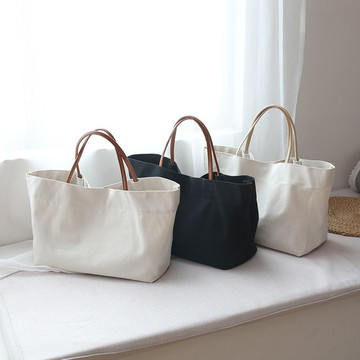 韓國簡約純色帆布袋 女文藝單肩包 學生書包手提環保購物袋托特包【不二雜貨】