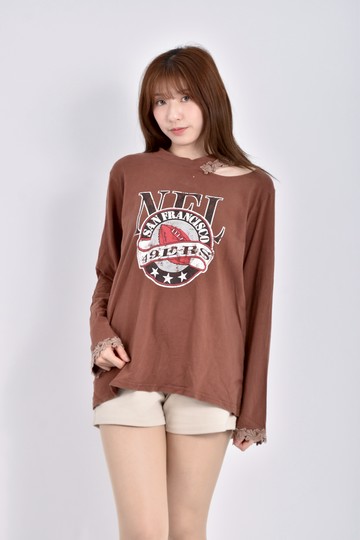 (L) 印花棕色長袖上衣