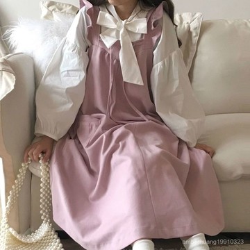 日係女裝 工裝洋裝 背帶裙  學院風日係軟妹木耳邊中長款背帶連衣裙女學生蝴蝶結上衣單件套裝