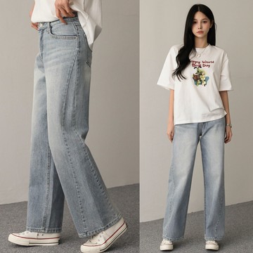 【現貨出清】韓國製．率性丹寧刷色側拼接線條長寬褲．白鳥麗子
