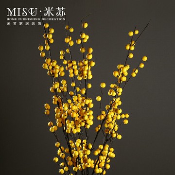 美式鄉村仿真漿果假花果實果子插花黃色沙棘果枝干植物仿真花單支