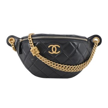 CHANEL 經典螺紋雙C  LOGO菱格紋小羊皮腰包(黑色)