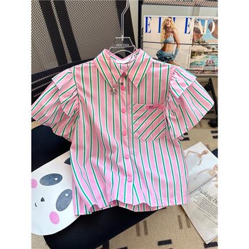 粉色條紋短袖襯衫夏季女小飛袖別致漂亮小衫2024絕美短款顯瘦上衣