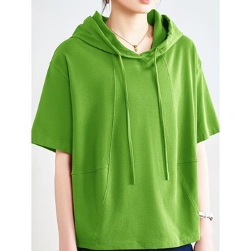 短袖連帽衛衣中年媽媽純棉夏季新款中老年女裝半袖薄款上衣連帽衫