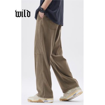 牛仔褲高街男士秋季直筒時尚寬松新款水洗潮流駝色青年復古休閑褲