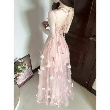 法式溫柔風巨好看的花朵網紗仙女吊帶裙海邊度假風連衣裙2026夏季
