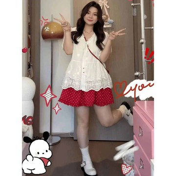 🎇夏季爆款🎇 大碼胖mm甜美風套裝女夏季法式蝴蝶結襯衫+紅色波點半身裙兩件套