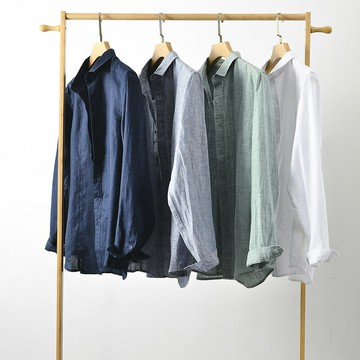 現貨+預購 亞麻襯衫長袖上衣-休閒透氣翻領男裝3色74ew8【獨家進口】【米蘭精品】