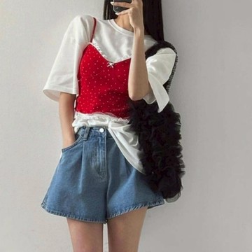 【nine韓系服飾】現貨韓國LABOR單釦A字牛仔短褲 牛仔短褲 高腰牛仔褲高腰褲東大門直送 高腰造型牛仔短褲