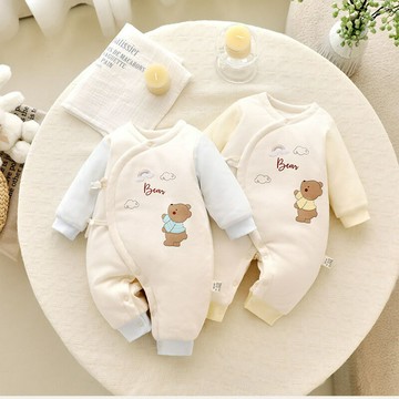 嬰幼兒夾棉連體衣秋冬暖氣房哈衣男女寶寶綁帶爬服新生兒衣服鑫弘-萌寶童裝可開發票