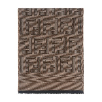 FENDI FF Logo 刺繡羊毛混絲圍巾(棕色) FXS124 APW4 F13D6