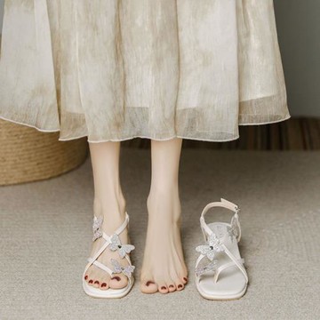 方頭淺口蝴蝶少女配裙子涼鞋女2024夏季絕美仙女風露趾水鉆高跟鞋