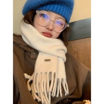 軟糯含羊毛針織圍巾女生冬季高級感2024新款保暖百搭圍脖護頸白色