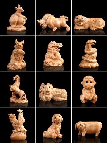 禪意閣 桃木木雕十二生肖擺件鼠牛虎兔龍蛇馬羊猴雞狗豬手把件