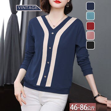 V領釦飾撞色拼接雙側明線上衣(5色) M-4XL【062698X】【現+預】☆流行前線☆
