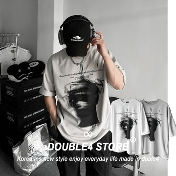 【DOUBLE4】韓國 美式街頭 印花 OVER SIZE 抽象人物 寬鬆 大版 男女 男裝短袖 2514