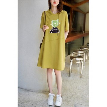 連帽短袖連衣裙女款夏季歐洲站漂亮中長款印花寬松遮肉直筒衛衣裙