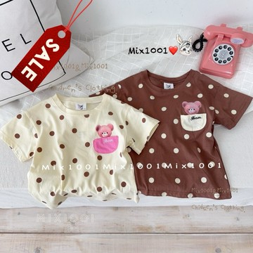 🌈✨mix1001可愛口袋杯熊熊上衣✨兒童小圓點上衣5-17